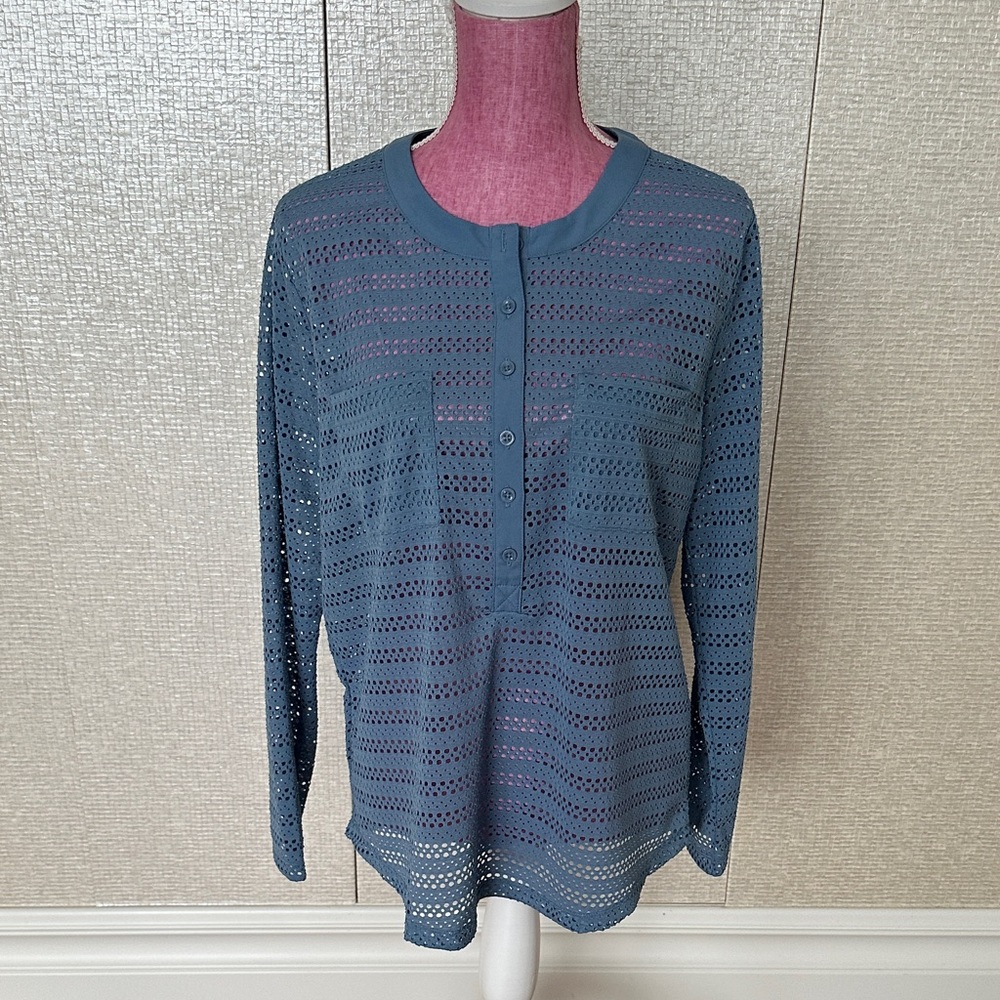 Ann Taylor Teal Button-Down Lace Top
